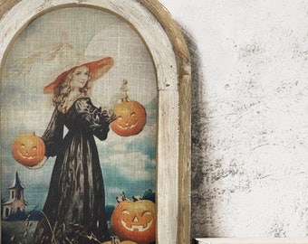 Halloween Witch Wall Art | Halloween Decor | Farmhouse Wall Art | Gothic Wall Decor | Eclectic Pumpkin Framed Art | 14" x 22"