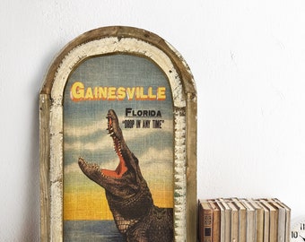 Gainesville, Florida Wall Art | Florida Postcard | Coastal Wall Decor | Alligator Wall Art | Gator | Wood & Linen Wall Art |