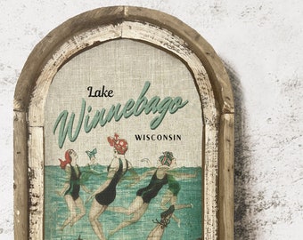 Winnebago Wall Art | Wisconsin Travel Poster | Coastal Wall Decor | Lake Wall Art | Handmade Wood & Linen Wall Art |