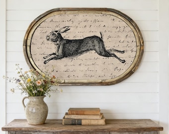 Leaping Bunny Wall Decor | 36" x 24" | Vintage Farmhouse Wall Art I Rustic Decor I Living Room Wall Art I