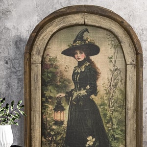 Witch in Her Garden Art | Gothic Cottagecore Wall Decor in Solid Wood Arched Frame | Eclectic Christmas Gift | Witchy Wall Decor | Moody Art