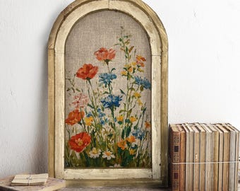Colorful Flowers Wall Art, Handmade Wooden Arch Frame, Rustic Linen Print, Farmhouse Decor