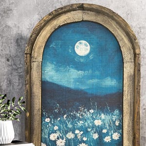 Moonlit Wall Art in Arched Wood Frame | Farmhouse Botanical Wall Decor | Wildflower Field Art | Eclectic Moon Wall Art