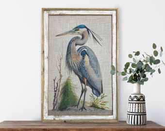 Blue Heron Wall Decor | 24" x 36" | Coastal Wall Art | Beach Decor | Nautical Wall Decor | Solid Wood Frame | Linen Printed Fabric