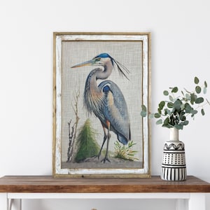 Blue Heron Wall Decor | 24" x 36" | Coastal Wall Art | Beach Decor | Nautical Wall Decor | Solid Wood Frame | Linen Printed Fabric