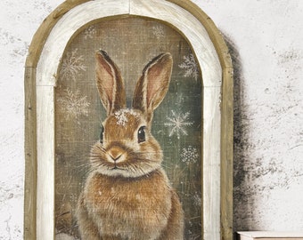 Winter Farmhouse Wall Decor | 14" x 22" | Christmas Rabbit Wall Art | Winter Woodland Wall Hanging | Farmhouse Bunny Decor |