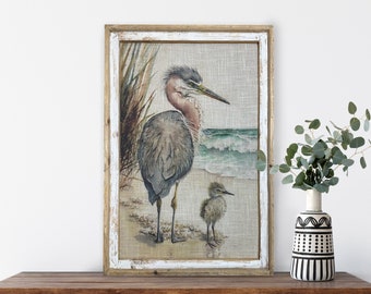 Muted Coastal Wall Decor | 24" x 36" | Heron Wall Art | Beach Decor | Nautical Wall Decor | Solid Wood Frame | Linen Printed Fabric