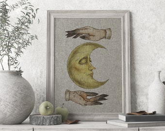 Mystic Hands Linen Art Print | Eclectic Half Moon Decor | Boho Wall Art | UNFRAMED Linen Print |