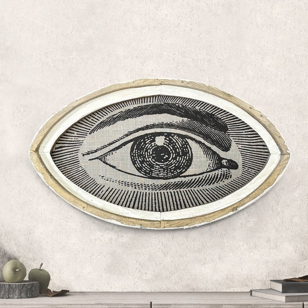 Eye Wall Decor | 30" x 18" | Eclectic Wall Decor | Linen & Wood Oval Handmade Art | Gothic Decor | Boho