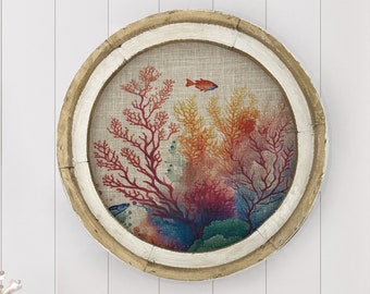 Coral Wall Decor | 20" x 20" | Coastal Wall Decor | Linen & Wood Round Wall Decor | Circular Nautical Decor | Beach House
