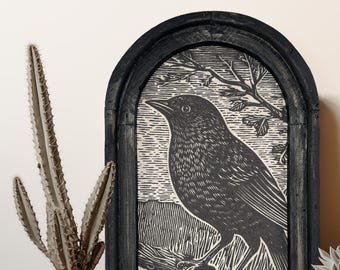 Crow Art in Solid Wood Arched Frame | Eclectic Cottagecore Wall Decor with Raven | Unique Christmas Gift | Boho Gift | Whimsical