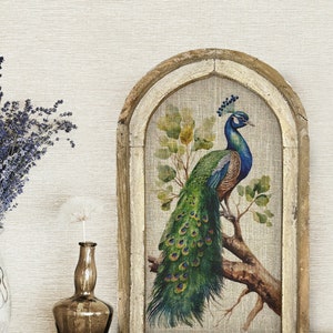 Peacock Wall Art | 14" x 22" | Arch Window Frame | Linen Wall Hanging | Rustic Farmhouse Decor |