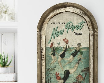 New Port Beach Wall Art | California Travel Poster | Coastal Wall Decor | Beach Wall Art | Handmade Wood & Linen Wall Art |