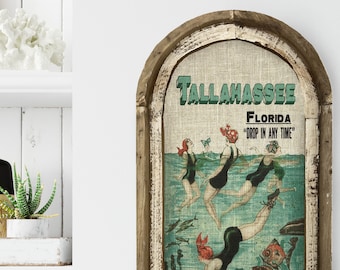 Tallahassee, Florida Wall Art | Florida Postcard | Coastal Wall Decor | Mermaid Wall Art | Beach House | Wood & Linen Wall Art |