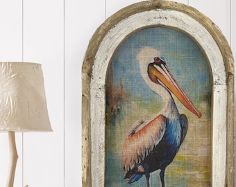 Pelican Wall Art | Coastal Wall Decor | Bathroom Wall Decor | Linen & Wood Wall Hanging | Watercolor Framed Artwork | Florida Decor