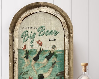 Big Bear Lake Wall Art | California Travel Poster | Coastal Wall Decor | Lake Wall Art | Handmade Wood & Linen Wall Art |