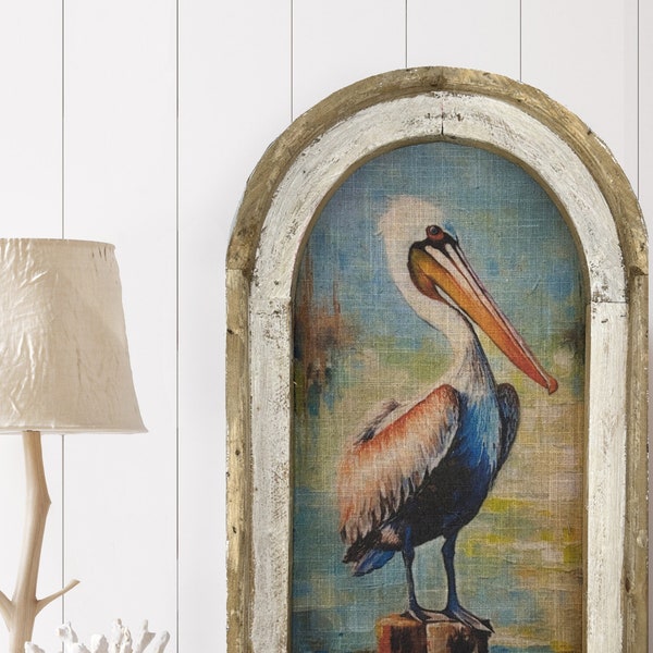 Pelican Wall Art | Coastal Wall Decor | Bathroom Wall Decor | Linen & Wood Wall Hanging | Watercolor Framed Artwork | Florida Decor
