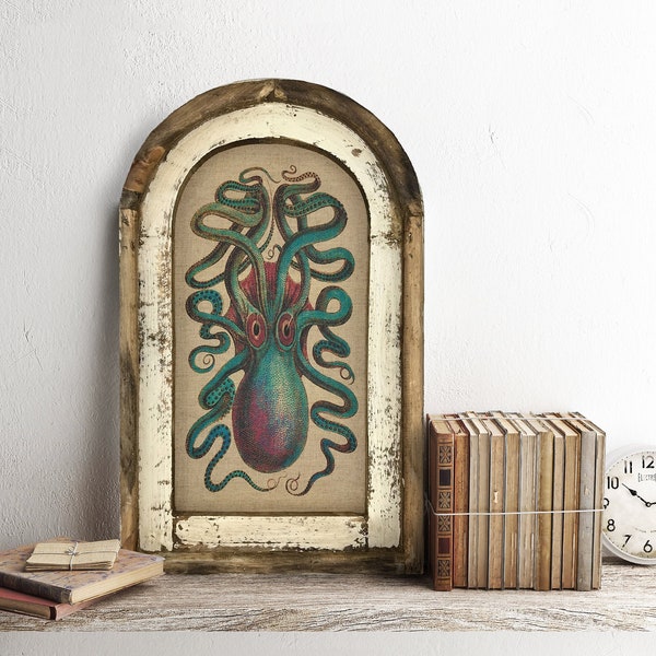 Octopus Wall Art | 14" x 22" | Arch Window Frame | Linen Wall Hanging | Coastal Decor |