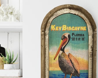 Key Biscayne, Florida Wall Art | Florida Postcard | Coastal Wall Decor | Pelican Wall Art | Beach House | Wood & Linen Wall Art |