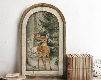 Christmas Deer Wall Decor | 14" x 22" | Arch Window Frame | Winter Wall Hanging | Farmhouse Xmas Decor |
