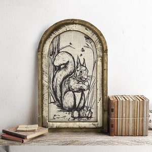 Squirrel Wall Decor | 14&quot; x 22&quot; | Woodland Spring Wall Art | Linen Wall Hanging | Rustic Farmhouse Decor |