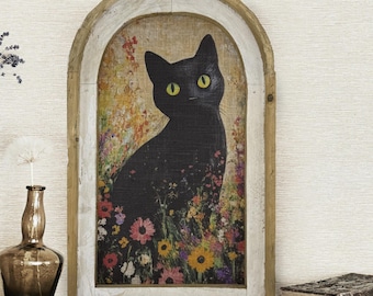 Black Cat Framed Art Print | Cottagecore Cat Gift | Handmade Framed Cat Art | Gift for Cat Lover | Floral Wall Art | Black Cat