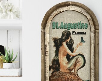 St. Augustine, Florida Wall Art | Florida Postcard | Coastal Wall Decor | Mermaid Wall Art | Beach House | Wood & Linen Wall Art | Butterfly