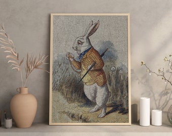 White Rabbit Linen Art Print | Eclectic Decor | Follow the White Rabbit Wall Art | UNFRAMED Linen Print |