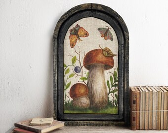 Mushrooms Wall Decor | 14" x 22" | Handmade Eclectic Wall Art | Linen & Wood Wall Hanging | Fairy Forest | Woodland Wall Art | Butterfly