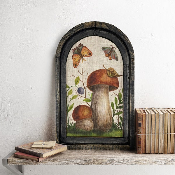 Mushrooms Wall Decor | 14" x 22" | Handmade Eclectic Wall Art | Linen & Wood Wall Hanging | Fairy Forest | Woodland Wall Art | Butterfly