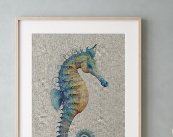 Seahorse Linen Art Print | Coastal Decor | Nautical Beach Wall Art | UNFRAMED Linen Print |