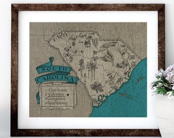 South Carolina Map Linen Print for Framing