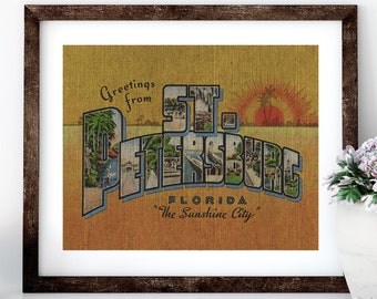 St. Petersburg Linen Print for Framing, Florida Artwork, St. Pete Postcard