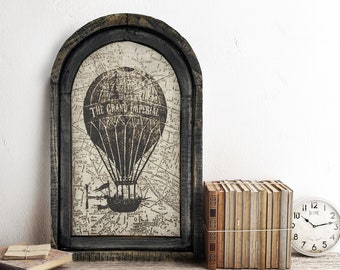 Steampunk Wall Art | 14" x 22" | Arch Window Frame | Linen Wall Hanging | Eclectic Decor | Hot Air Balloon