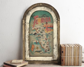 Florida Map Wall Art | 14" x 22" | Arch Window Frame | Linen Wall Hanging | Citrus Decor |