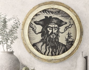 Pirate Blackbeard Wall Decor | 20" x 20" | Coastal Wall Decor | Linen & Wood Round Wall Decor | Nautical Decor | Beach House