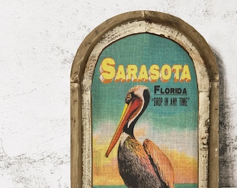 Sarasota, Florida Wall Art | Florida Postcard | Coastal Wall Decor | Pelican Wall Art | Beach House | Wood & Linen Wall Art |