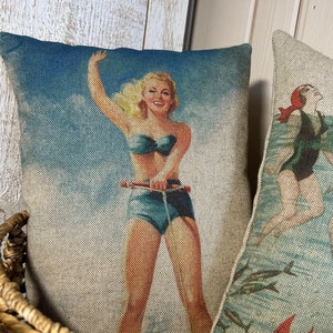 Water Skier Pillow | Cypress Gardens Decor | Coastal Throw Pillow | Beach Decor | Linen & Cotton Blend | 12&quot; W x 18&quot; H |