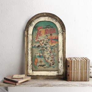 Florida Map Wall Art | 14" x 22" | Arch Window Frame | Linen Wall Hanging | Citrus Decor |