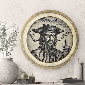 Pirate Blackbeard Wall Decor | 20" x 20" | Coastal Wall Decor | Linen & Wood Round Wall Decor | Nautical Decor | Beach House