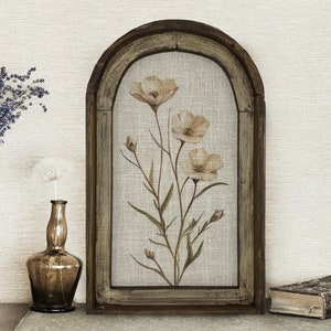 Neutral Botanical Art in Rustic Arched Wood Frame | Farmhouse Wall Decor | Muted Christmas Gift | Vintage-Inspired Botanical | Rustic Farm
