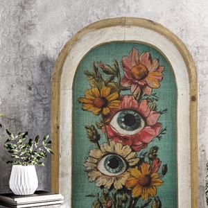Surreal Floral Art in Solid Wood Arched Frame | Eclectic Cottagecore Wall Decor with Eyes | Unique Christmas Gift | Boho Gift | Whimsical