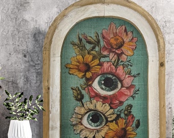 Surreal Floral Art in Solid Wood Arched Frame | Eclectic Cottagecore Wall Decor with Eyes | Unique Christmas Gift | Boho Gift | Whimsical