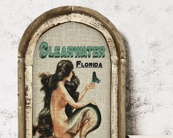 Clearwater, Florida Wall Art | Florida Postcard | Coastal Wall Decor | Mermaid Wall Art | Beach House | Wood & Linen Wall Art | Butterfly