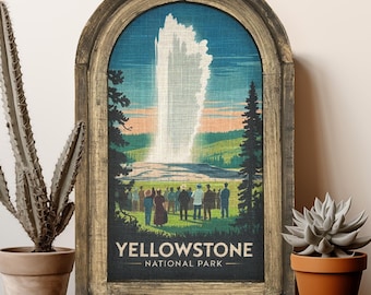 Yellowstone National Park Wall Art | 14" x 22" | Arch Window Frame | Linen Wall Hanging | Travel Poster Decor |