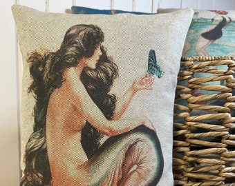 Mermaid Throw Pillow | Coastal Decor | Coastal Lumbar Pillow | Siren Decor | Linen & Cotton Blend | 12" W x 18" H |