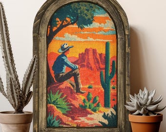 Cowboy Wall Decor | 14" x 22" | Equestrian Wall Art | Cowboy Folk Art Decor | Southwestern Art | Wild West | Retro Framed Art