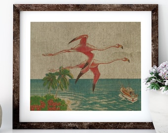 Flamingos Postcard Linen Print for Framing, Nautical Artwork