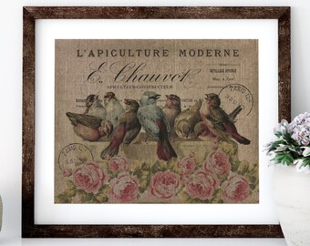 French Bird Linen Print for Framing, Birds Wall Art