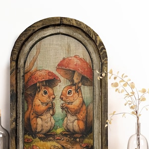 Cottagecore Wall Decor | Handmade Eclectic Wall Art | Linen & Wood Wall Hanging | Mushroom Forest | Woodland Wall Art | Squirrel